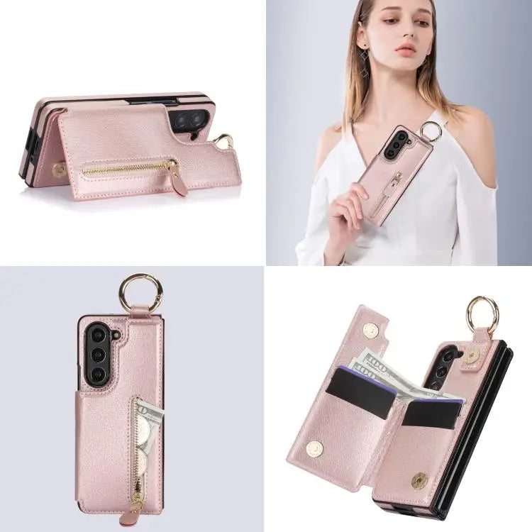 Voor Samsung Galaxy Z Fold7 Litchi Texture Ring Rits Dubbele Gesp Leren Telefoonhoesje (Roségoud)