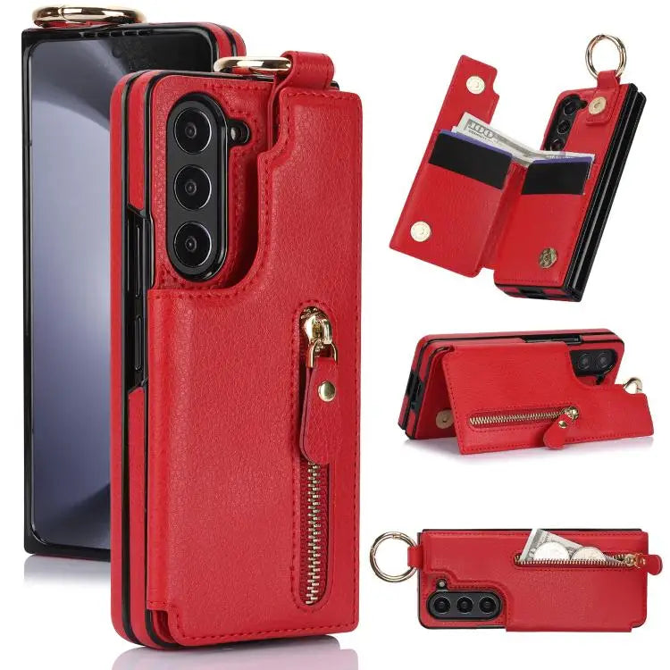 Voor Samsung Galaxy Z Fold7 Litchi Texture Ring Rits Dubbele Gesp Leren Telefoonhoesje (Rood)