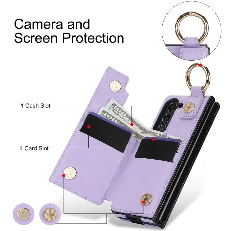 Voor Samsung Galaxy Z Fold7 Litchi Texture Ring Rits Dubbele Gesp Leren Telefoonhoesje (Paars)