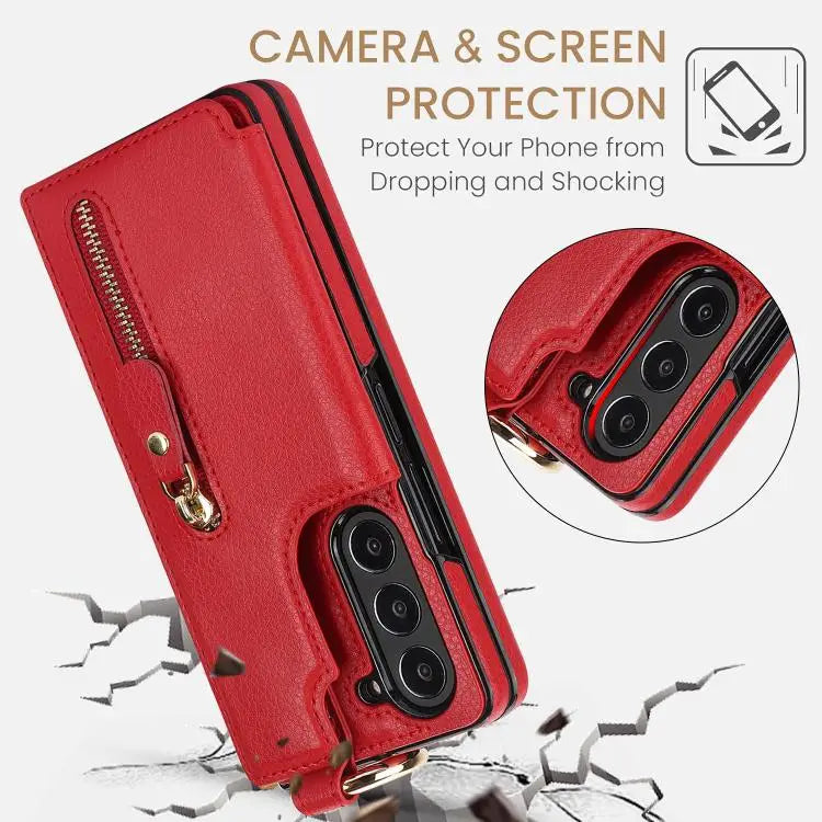 Voor Samsung Galaxy Z Fold7 Litchi Texture Ring Rits Dubbele Gesp Leren Telefoonhoesje (Rood)