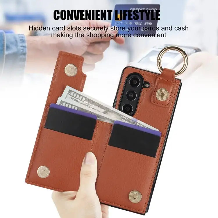 Voor Samsung Galaxy Z Fold7 Litchi Texture Ring Rits Dubbele Gesp Leren Telefoonhoesje (Bruin)