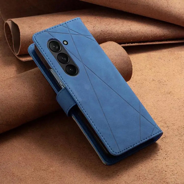 Voor Samsung Galaxy Z Fold7 Magnetische gesp Rhombus textuur leren telefoonhoesje (blauw)