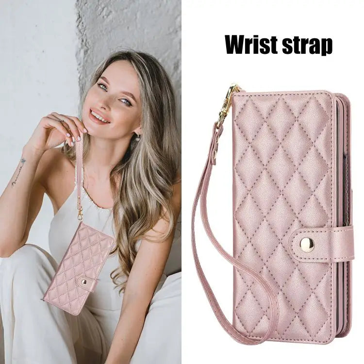 For Samsung Galaxy Z Fold7 Rhombic Texture Crossbody Multifunctional Leather Phone Case(Rose Gold)