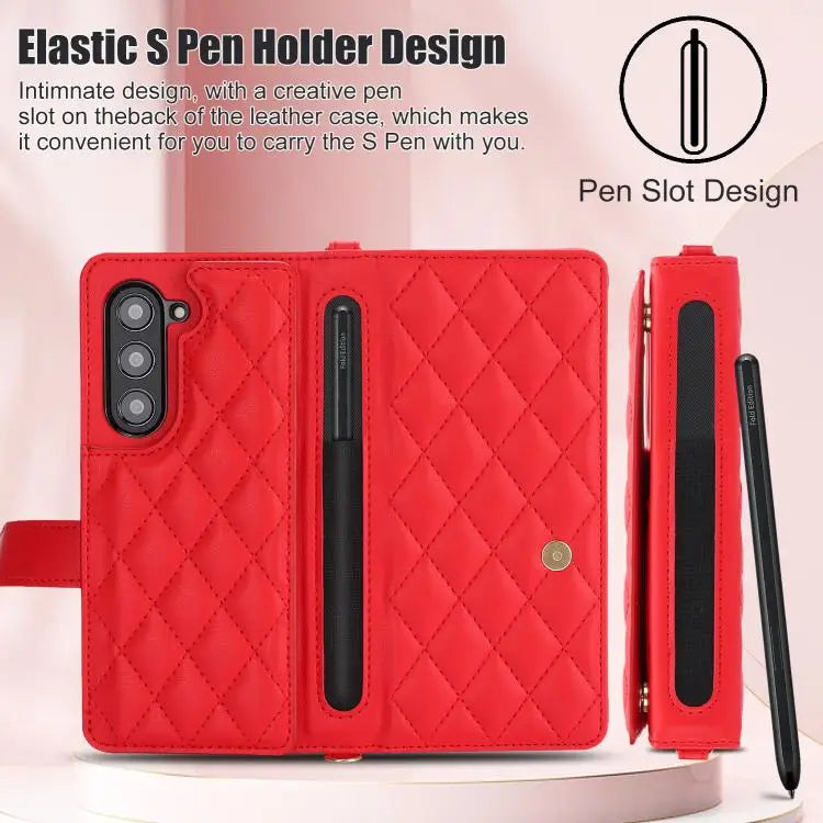 Voor Samsung Galaxy Z Fold7 Rhombic Texture Crossbody Multifunctionele Leren Telefoonhoes (Rood)
