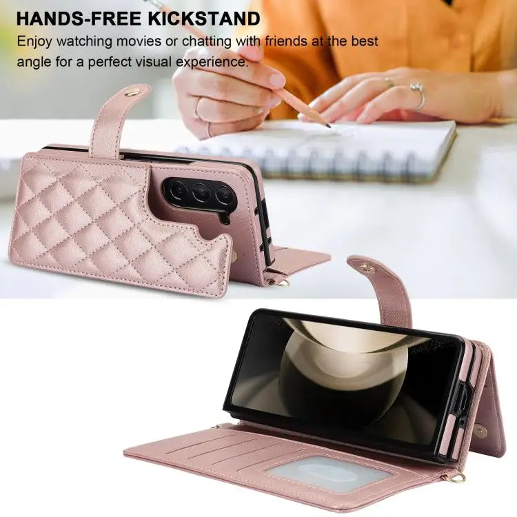 For Samsung Galaxy Z Fold7 Rhombic Texture Crossbody Multifunctional Leather Phone Case(Rose Gold)