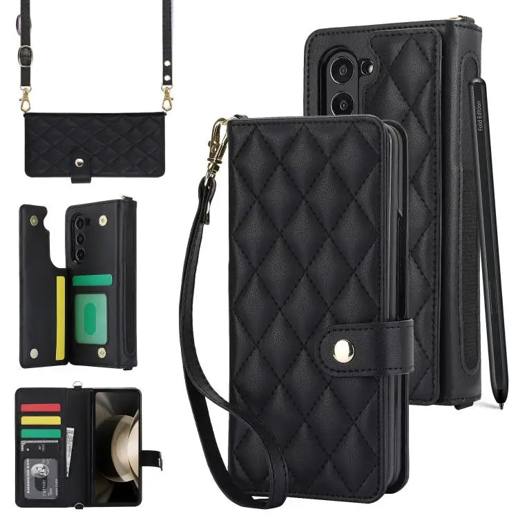 Voor Samsung Galaxy Z Fold7 Rhombic Texture Crossbody Multifunctionele Leren Telefoonhoes (Zwart)