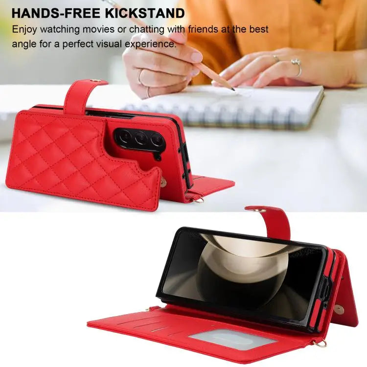 Voor Samsung Galaxy Z Fold7 Rhombic Texture Crossbody Multifunctionele Leren Telefoonhoes (Rood)