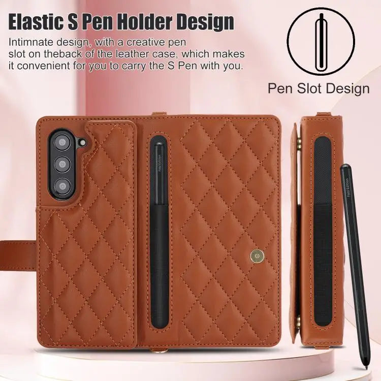 Voor Samsung Galaxy Z Fold7 Rhombic Texture Crossbody Multifunctionele Leren Telefoonhoes (Bruin)