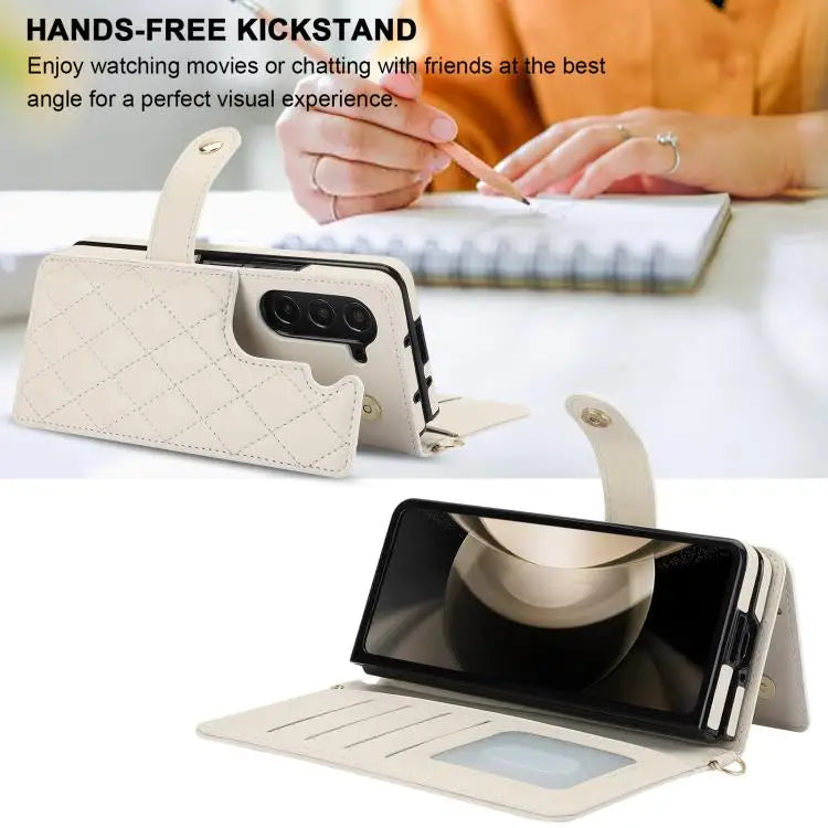 Voor Samsung Galaxy Z Fold7 Rhombic Texture Crossbody Multifunctionele Leren Telefoonhoes (Wit)