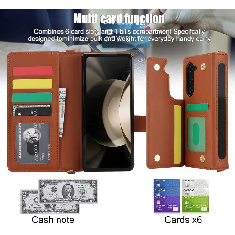 Voor Samsung Galaxy Z Fold7 Rhombic Texture Crossbody Multifunctionele Leren Telefoonhoes (Bruin)