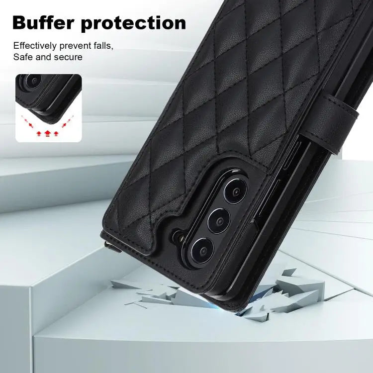 Voor Samsung Galaxy Z Fold7 Rhombic Texture Crossbody Multifunctionele Leren Telefoonhoes (Zwart)