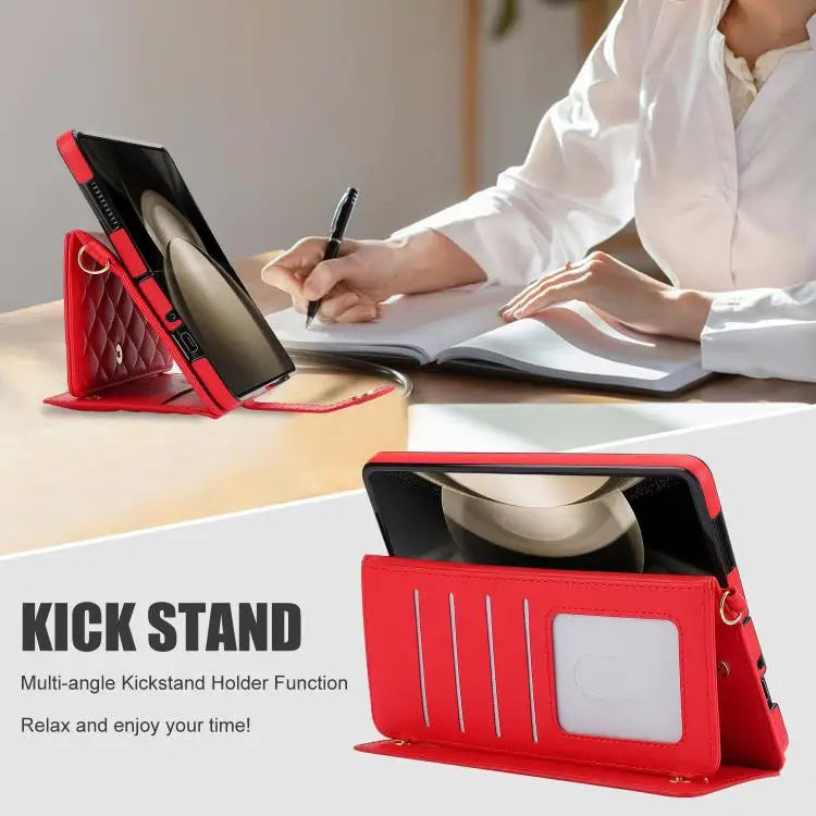 Voor Samsung Galaxy Z Fold7 Rhombic Texture Crossbody Multifunctionele Leren Telefoonhoes (Rood)