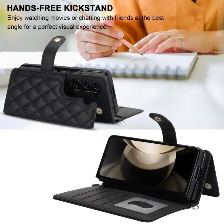 Voor Samsung Galaxy Z Fold7 Rhombic Texture Crossbody Multifunctionele Leren Telefoonhoes (Zwart)