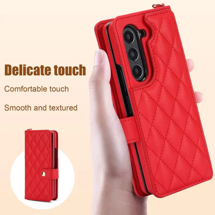 Voor Samsung Galaxy Z Fold7 Rhombic Texture Crossbody Multifunctionele Leren Telefoonhoes (Rood)