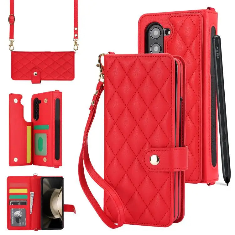 Voor Samsung Galaxy Z Fold7 Rhombic Texture Crossbody Multifunctionele Leren Telefoonhoes (Rood)