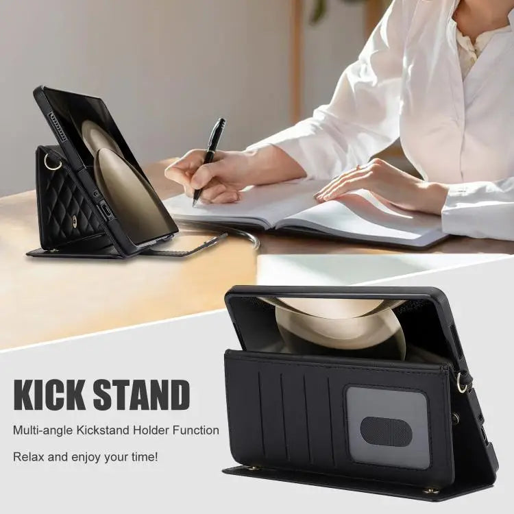 Voor Samsung Galaxy Z Fold7 Rhombic Texture Crossbody Multifunctionele Leren Telefoonhoes (Zwart)