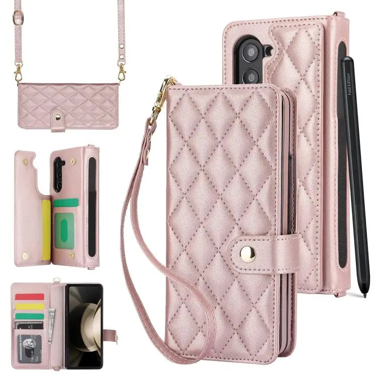 For Samsung Galaxy Z Fold7 Rhombic Texture Crossbody Multifunctional Leather Phone Case(Rose Gold)