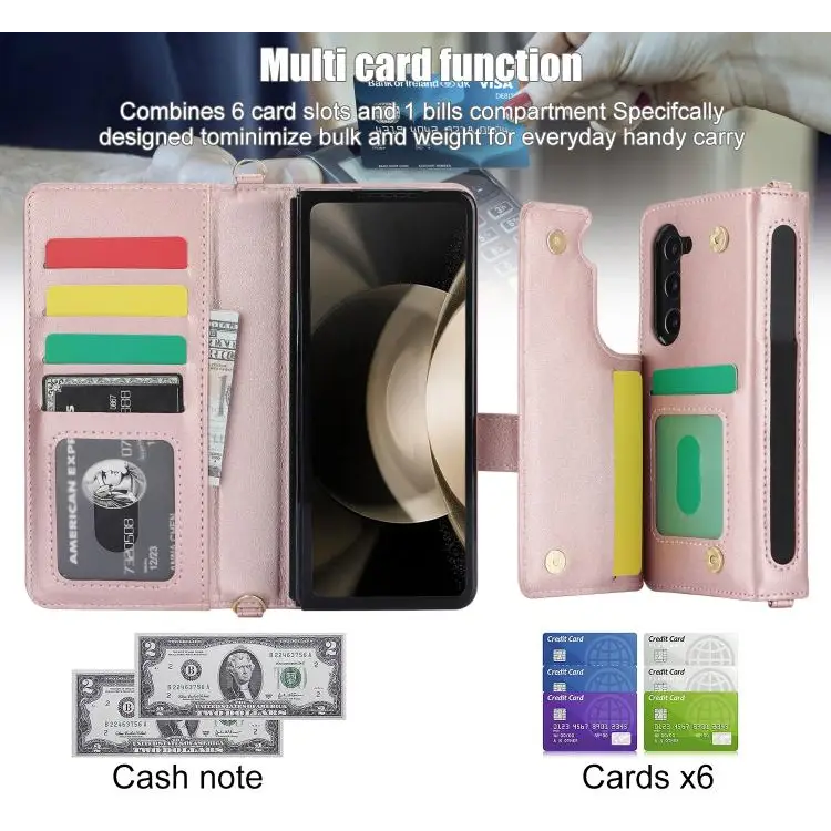 For Samsung Galaxy Z Fold7 Rhombic Texture Crossbody Multifunctional Leather Phone Case(Rose Gold)