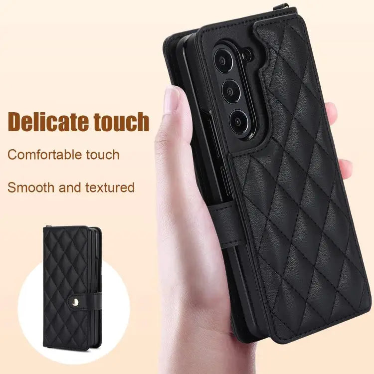 Voor Samsung Galaxy Z Fold7 Rhombic Texture Crossbody Multifunctionele Leren Telefoonhoes (Zwart)