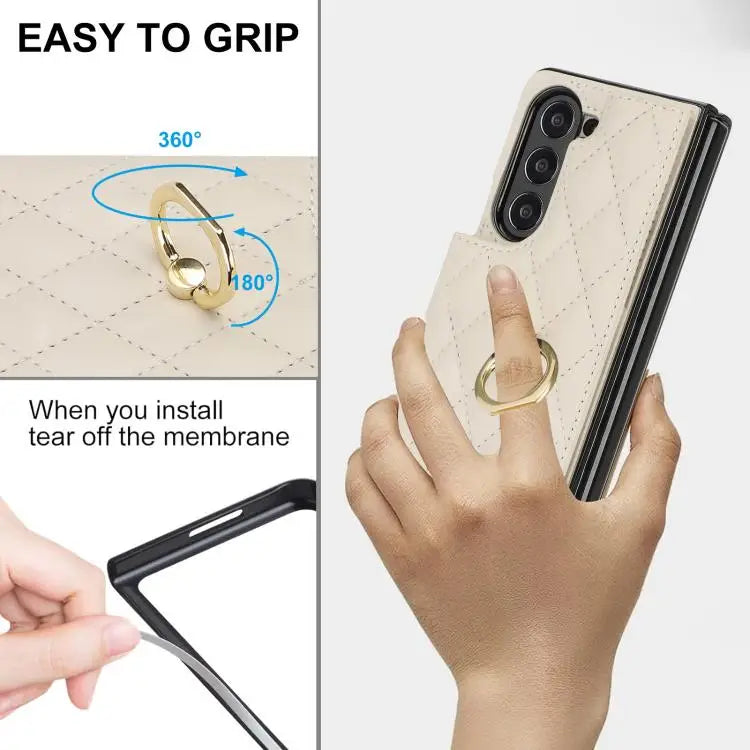 Voor Samsung Galaxy Z Fold7 Rhombic Texture Ring Dubbele Gesp Leren Telefoonhoesje (Wit)