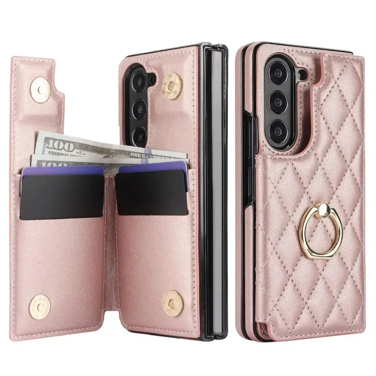 Voor Samsung Galaxy Z Fold7 Rhombic Texture Ring Dubbele Gesp Leren Telefoonhoesje (Roségoud)