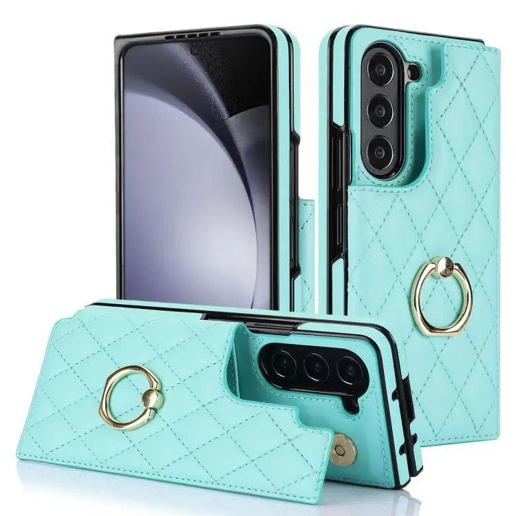 For Samsung Galaxy Z Fold7 Rhombic Texture Ring Double Buckle Leather Phone Case(Green)