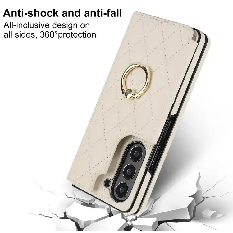 Voor Samsung Galaxy Z Fold7 Rhombic Texture Ring Dubbele Gesp Leren Telefoonhoesje (Wit)