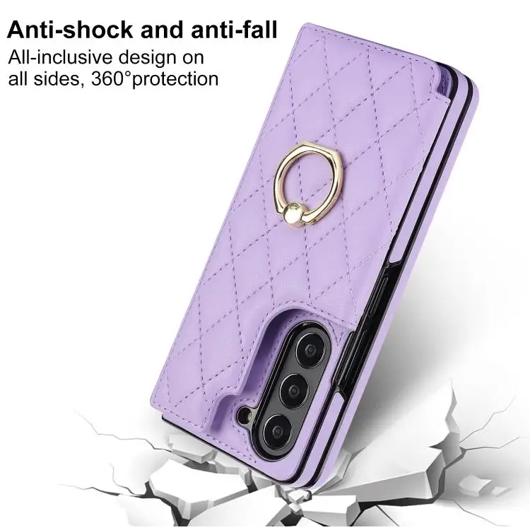 Voor Samsung Galaxy Z Fold7 Rhombic Texture Ring Dubbele Gesp Leren Telefoonhoesje (Paars)