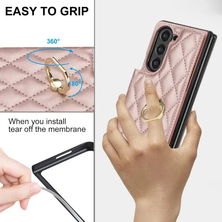 Voor Samsung Galaxy Z Fold7 Rhombic Texture Ring Dubbele Gesp Leren Telefoonhoesje (Roségoud)
