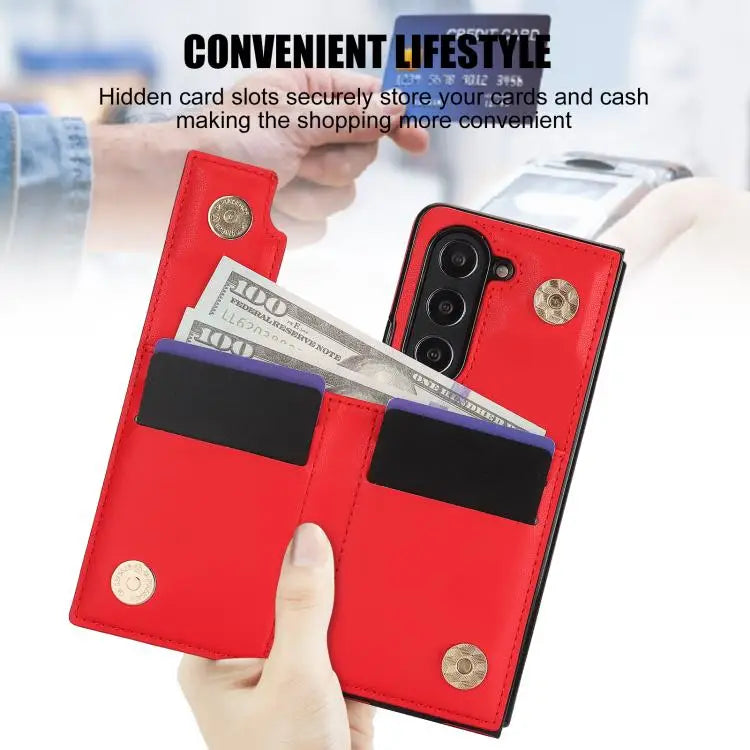 Voor Samsung Galaxy Z Fold7 Rhombic Texture Ring Dubbele Gesp Leren Telefoonhoesje (Rood)