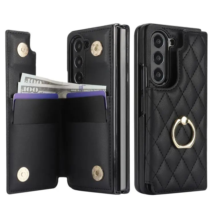 For Samsung Galaxy Z Fold7 Rhombic Texture Ring Double Buckle Leather Phone Case(Black)