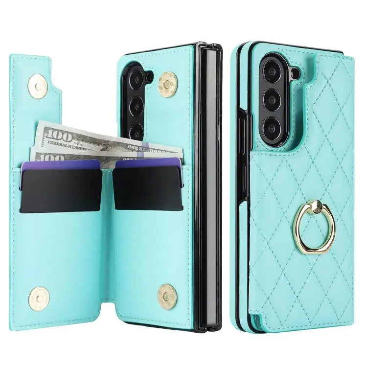 For Samsung Galaxy Z Fold7 Rhombic Texture Ring Double Buckle Leather Phone Case(Green)