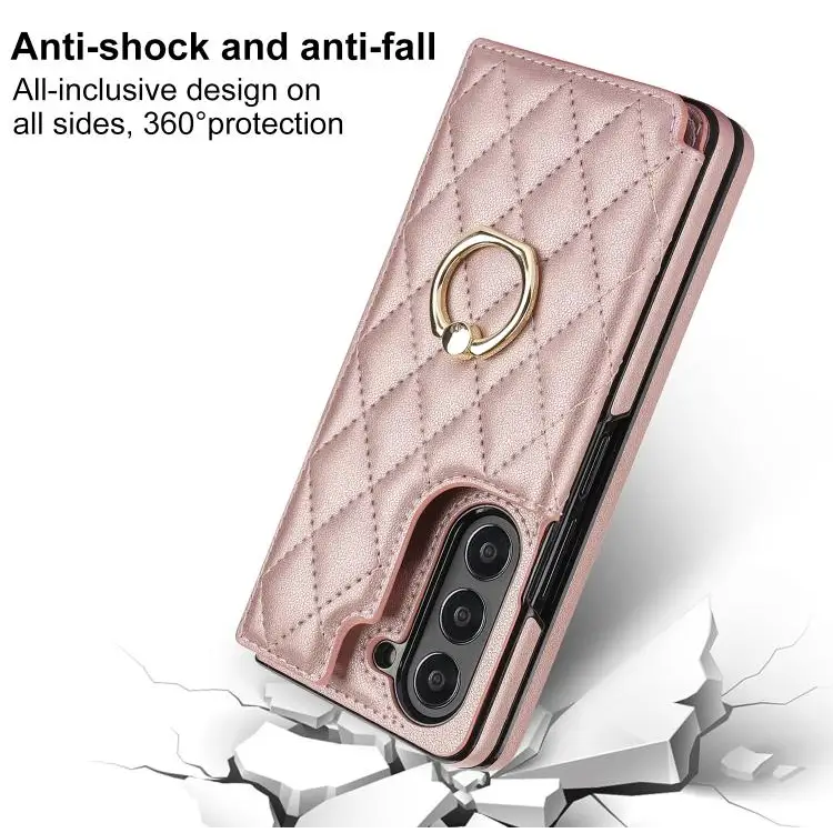 Voor Samsung Galaxy Z Fold7 Rhombic Texture Ring Dubbele Gesp Leren Telefoonhoesje (Roségoud)