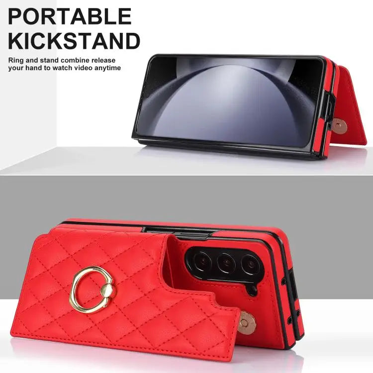 Voor Samsung Galaxy Z Fold7 Rhombic Texture Ring Dubbele Gesp Leren Telefoonhoesje (Rood)