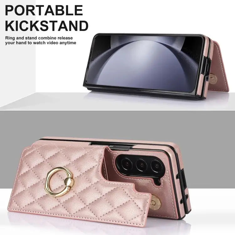 Voor Samsung Galaxy Z Fold7 Rhombic Texture Ring Dubbele Gesp Leren Telefoonhoesje (Roségoud)