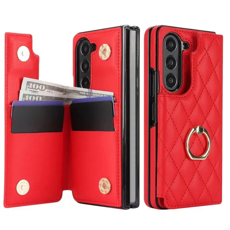 Voor Samsung Galaxy Z Fold7 Rhombic Texture Ring Dubbele Gesp Leren Telefoonhoesje (Rood)