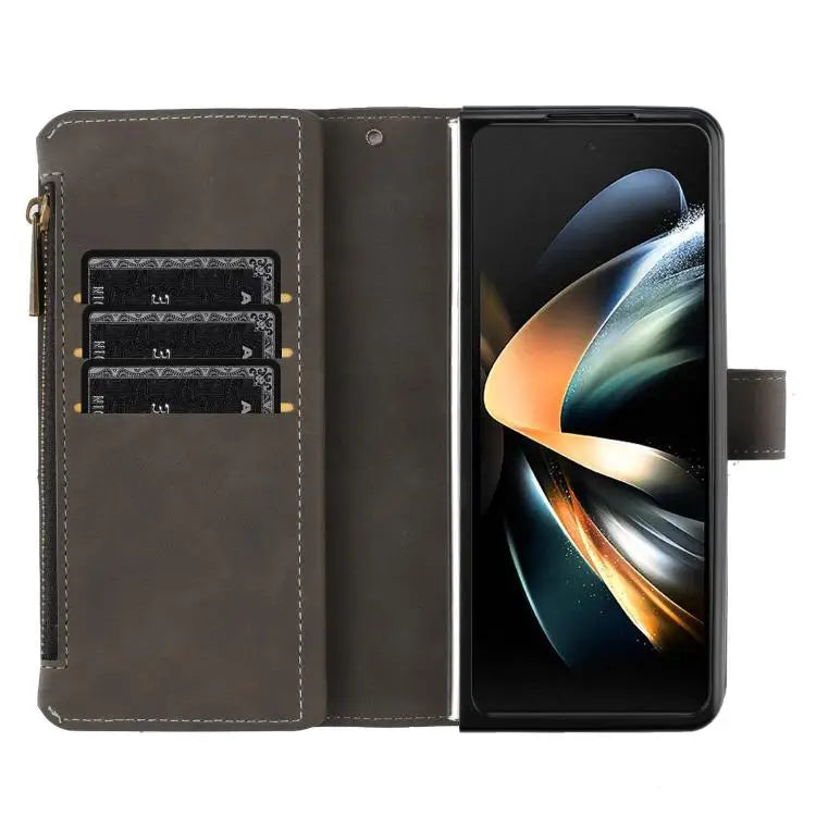 Voor Samsung Galaxy Z Fold7 Rhombus Texture Zipper Wallet Leather Phone Case (grijs)