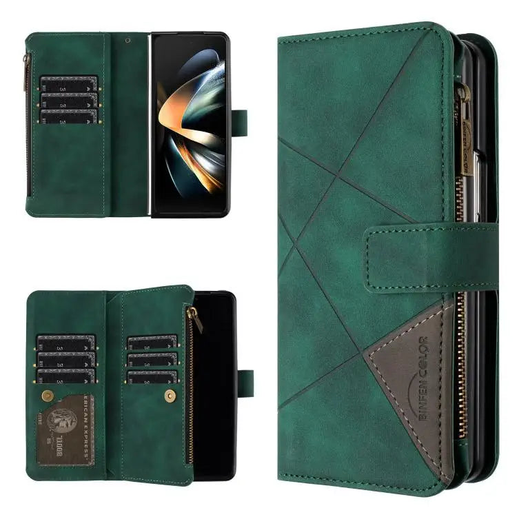 Voor Samsung Galaxy Z Fold7 Rhombus Texture Zipper Wallet Leather Phone Case (Groen)