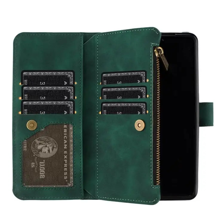 Voor Samsung Galaxy Z Fold7 Rhombus Texture Zipper Wallet Leather Phone Case (Groen)