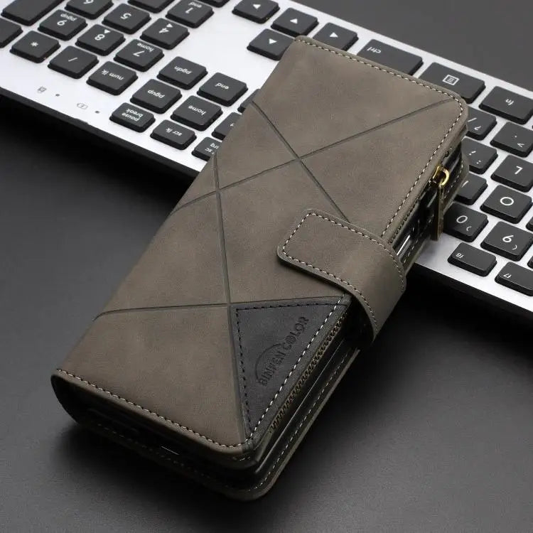 Voor Samsung Galaxy Z Fold7 Rhombus Texture Zipper Wallet Leather Phone Case (grijs)