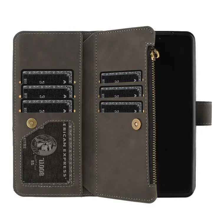 Voor Samsung Galaxy Z Fold7 Rhombus Texture Zipper Wallet Leather Phone Case (grijs)