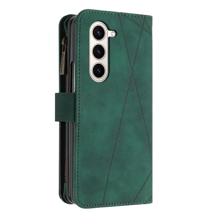 Voor Samsung Galaxy Z Fold7 Rhombus Texture Zipper Wallet Leather Phone Case (Groen)