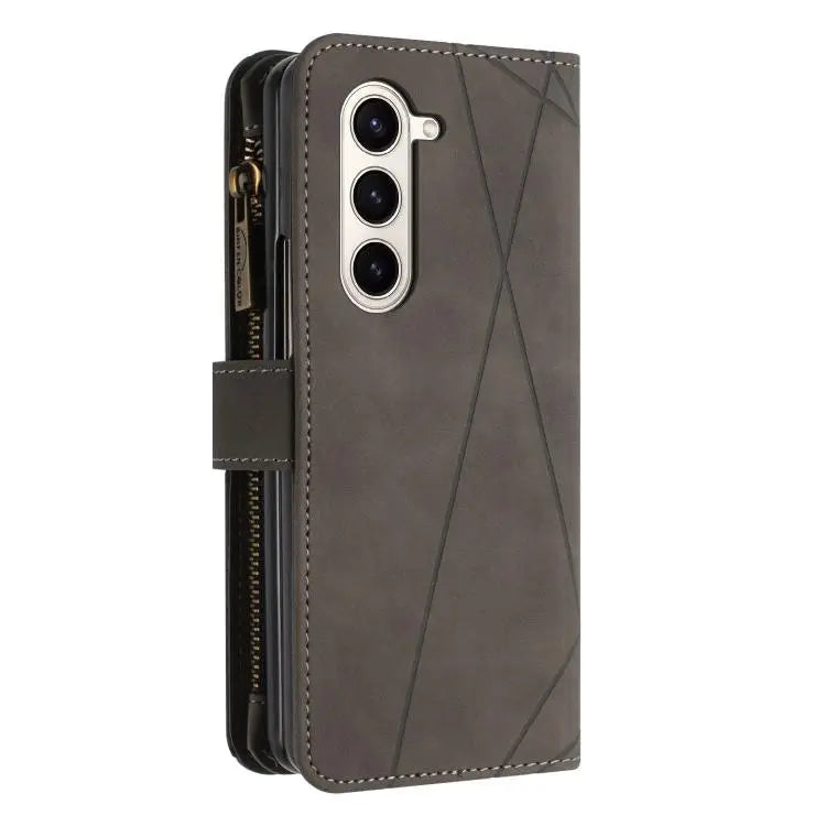 Voor Samsung Galaxy Z Fold7 Rhombus Texture Zipper Wallet Leather Phone Case (grijs)
