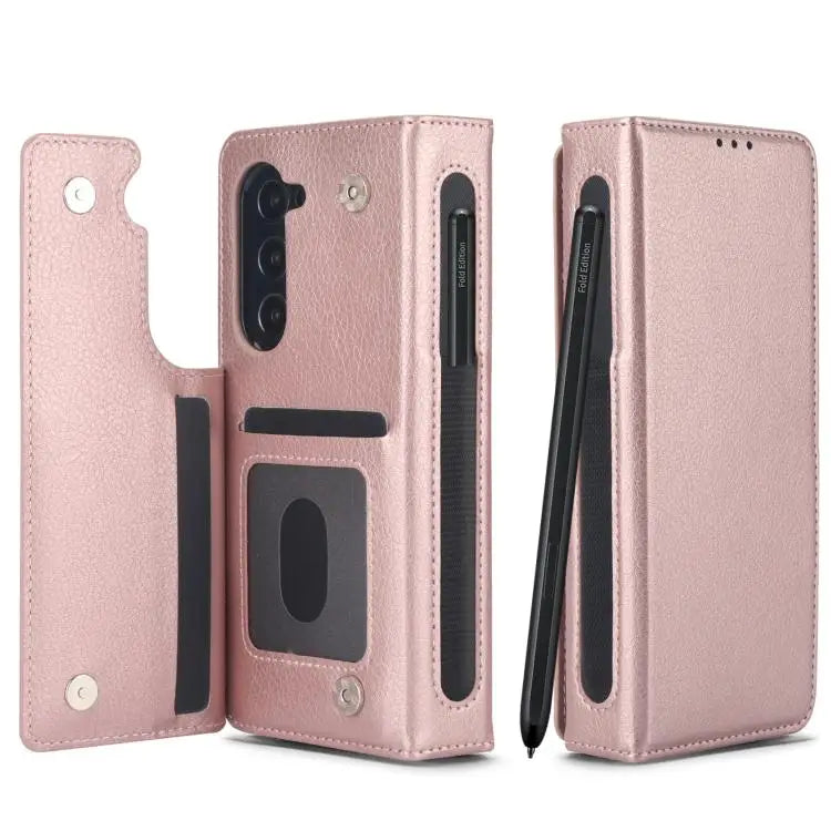Voor Samsung Galaxy Z Fold7 effen multifunctionele opvouwbare leren telefoonhoes met penhouder (roségoud)