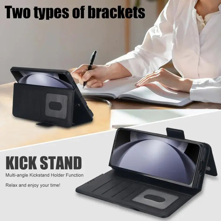 Voor Samsung Galaxy Z Fold7 effen multifunctionele opvouwbare leren telefoonhoes met penhouder (zwart)