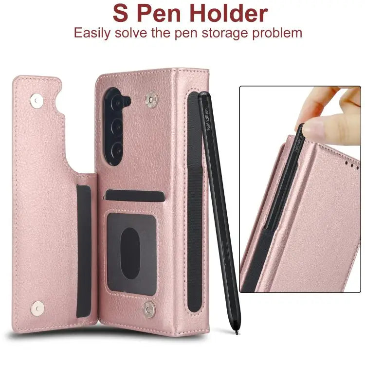 Voor Samsung Galaxy Z Fold7 effen multifunctionele opvouwbare leren telefoonhoes met penhouder (roségoud)