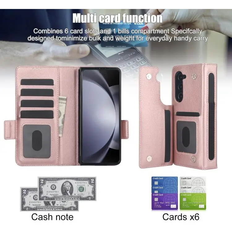 Voor Samsung Galaxy Z Fold7 effen multifunctionele opvouwbare leren telefoonhoes met penhouder (roségoud)