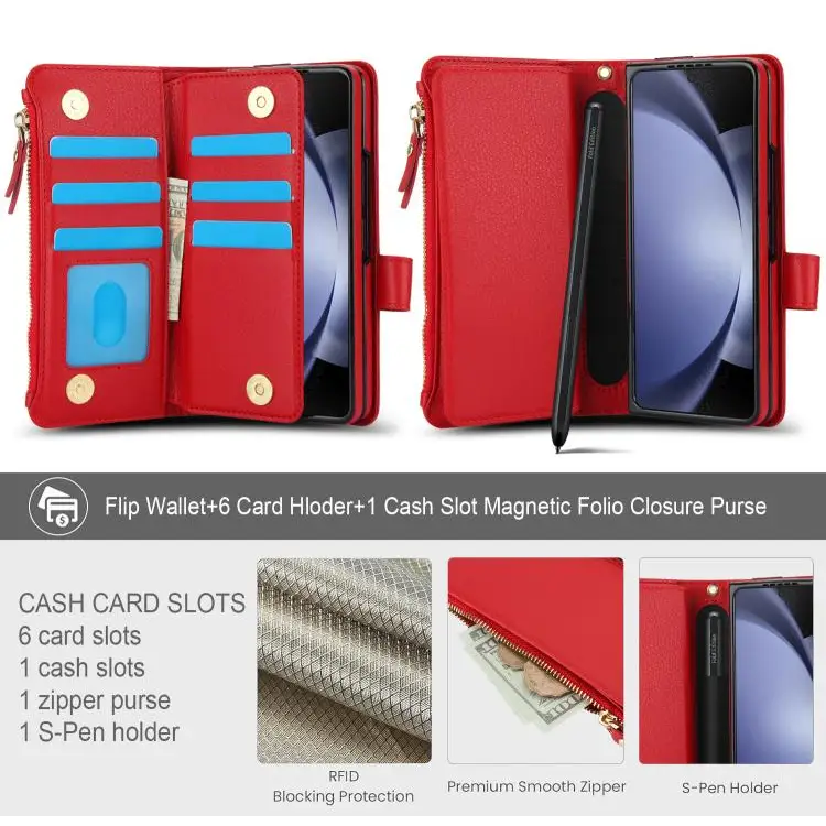 Voor Samsung Galaxy Z Fold7 Effen Kleur Polsband Portemonnee Opvouwbare Leren Telefoonhoes met Lanyard (Rood)