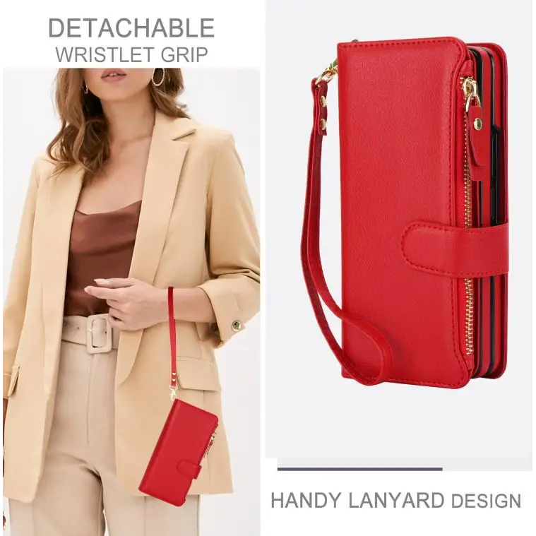 Voor Samsung Galaxy Z Fold7 Effen Kleur Polsband Portemonnee Opvouwbare Leren Telefoonhoes met Lanyard (Rood)