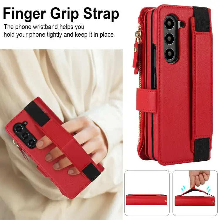 Voor Samsung Galaxy Z Fold7 Effen Kleur Polsband Portemonnee Opvouwbare Leren Telefoonhoes met Lanyard (Rood)